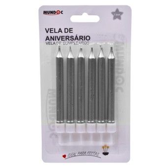 CONUNTO 6 VELAS ANIVERSARIO PRATA 8CM