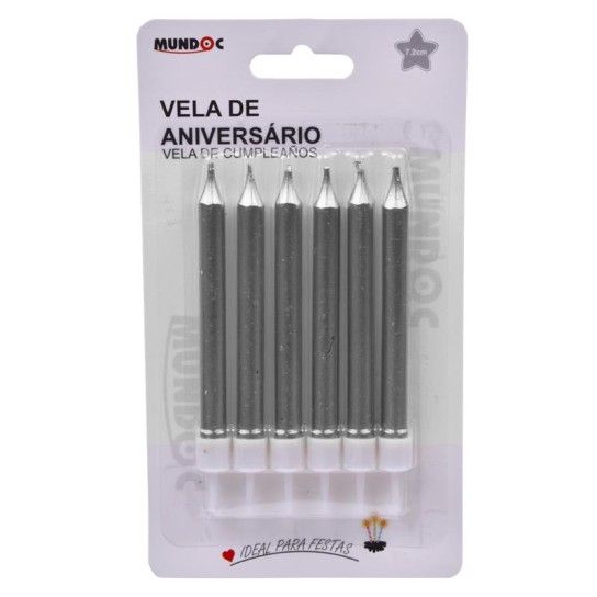 CONUNTO 6 VELAS ANIVERSARIO PRATA 8CM